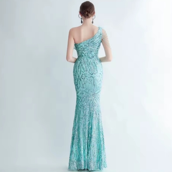 Mint Green, Assymmetrical Feather BeadedNeck, Graphic, Slit Thigh, Sequined Gown - Picture 10 of 11